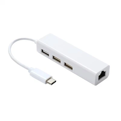 USB C do 3 kanálov USB 2.0 Hub s káblom ethernetového adaptéra bielej farby